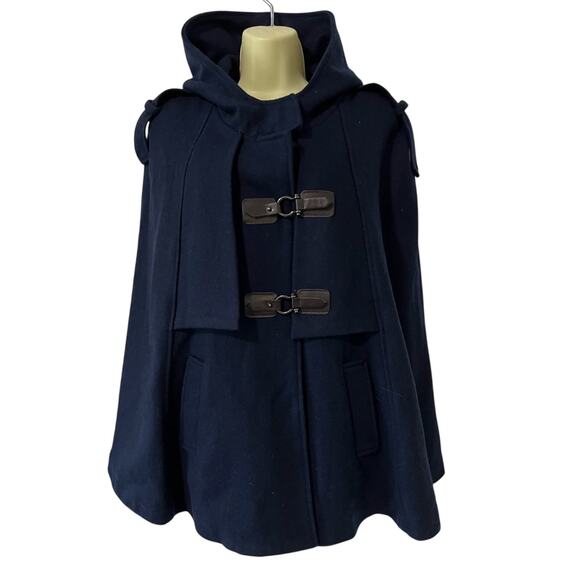 Navy Blue Wool Blend Cape Coat Jacket Size Large Hooded Vintage Look Chartou - Picture 1 of 13